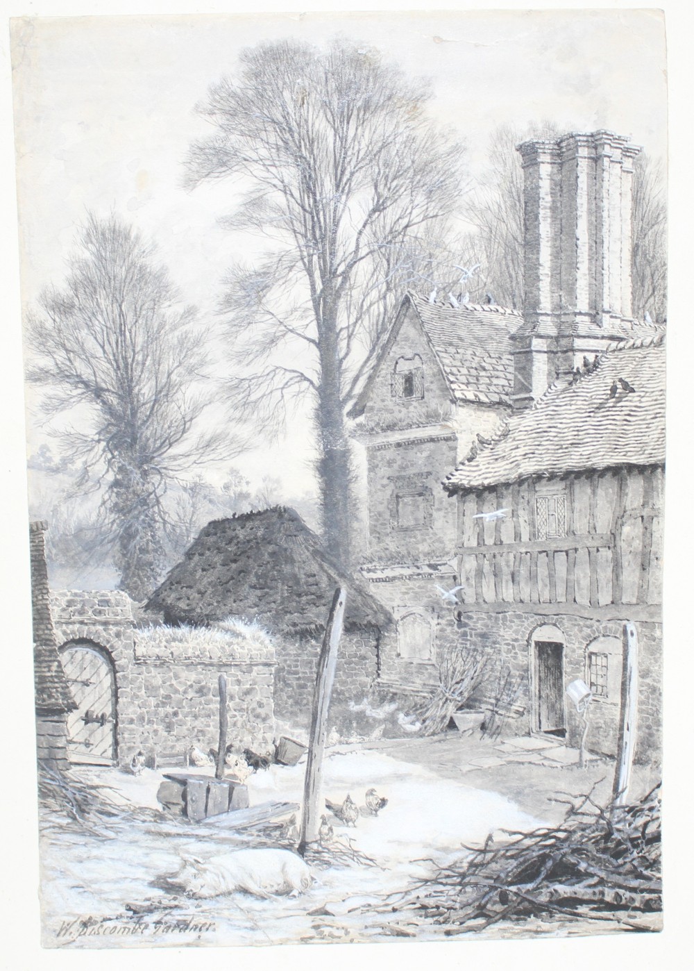William Biscombe Gardner (1847-1919) ink and watercolour, Crossways Farm, Abinger (Surrey), signed, 24 x 16.5cm.
